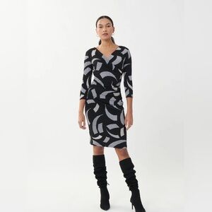 Joseph Ribkoff Black & White Geometric Ruched Wrap Dress – Size 8 (Never Worn)